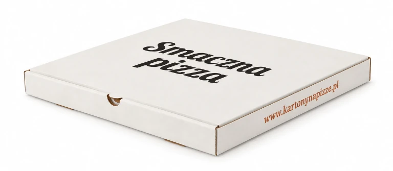 Biały karton z czarnym nadrukiem Smaczna pizza, pomarańczowym adresem na boku i wycięciem na palec.